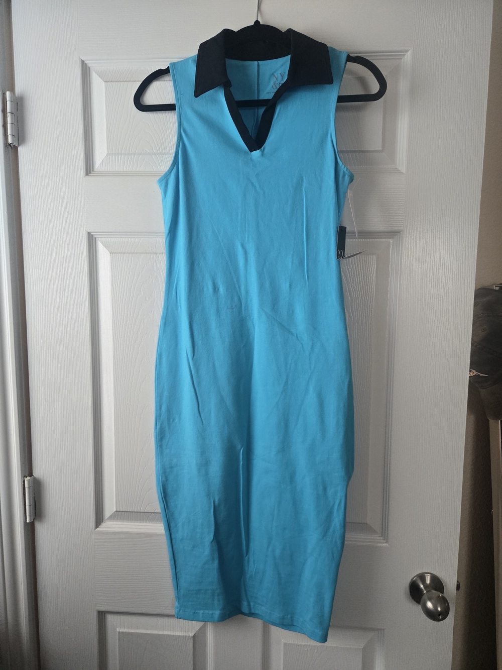 New York & Company Turquoise Midi Dress with Black Collar